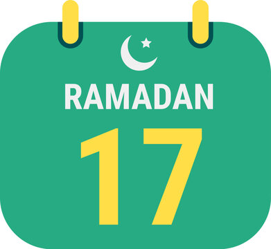 17th Ramadan Celebrate with White and Golden Crescent Moons. and English Ramadan Text.