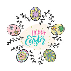 Happy easter, holiday card with easter eggs on light background in doodle