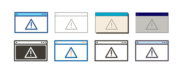 Web page layout with exclamation mark on a triangle. Vector icon illustration in 8 different styles of a window showing alert, failure or warning symbol