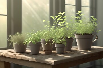 Green sprouts in brown clay pots on a light wooden table. The sun's rays gently shine through the window. Generative AI.