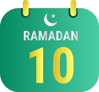 10th Ramadan Celebrate with White and Golden Crescent Moons. and English Ramadan Text.