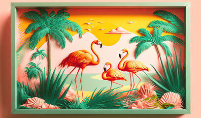  a picture of two flamingos in a tropical setting with palm trees and shells in the foreground, and a pink background with a yellow sky and yellow sun.  generative ai