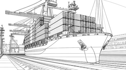 Intricate concept sketches of a container ship transporter, masterfully drawn in ink and pencil, reveal the detailed artistry and engineering behind modern maritime logistics. Generative AI