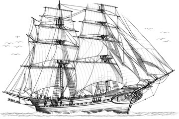 Retro Technical Sail Ship sketches in ink & pencil, capturing iconic Era on sea  , chrome details, and nostalgia. Explore creativity in transportation design. Generative AI.	