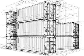 Intricate concept sketches of a container ship transporter, masterfully drawn in ink and pencil, reveal the detailed artistry and engineering behind modern maritime logistics. Generative AI