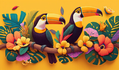  two birds sitting on a branch surrounded by tropical leaves and flowers on a yellow background with butterflies and butterflies around it, with a butterfly.  generative ai
