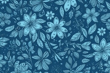 vibrant blue background adorned with colorful flowers and leaves. Generative AI