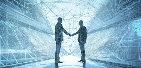 Businessmen engaging in a digital handshake, gesture of greeting and a sign of a potential business deal in digital world. Business cooperation, mergers and acquisitions,  digital background