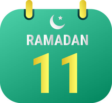 11th Ramadan Celebrate with White and Golden Crescent Moons. and English Ramadan Text.
