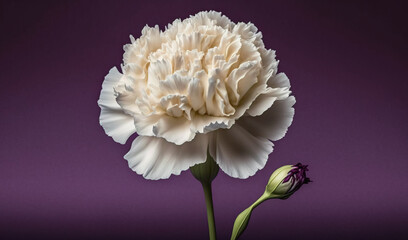  a large white flower on a dark purple background with a green stem in the center of the flower and a purple stem in the middle of the flower.  generative ai