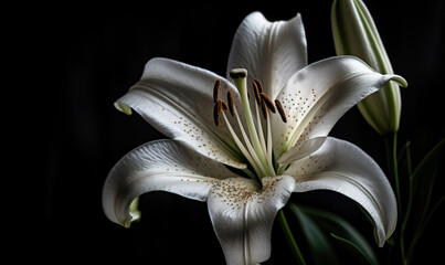  a white flower with green stems in a black vase on a black background with a black back ground and a black background with a white flower in the center.  generative ai