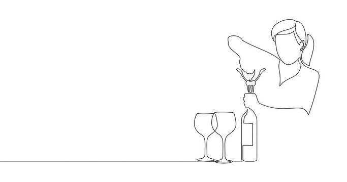 Animation of an image drawn with a continuous line. Woman opens a bottle of wine with a corkscrew.