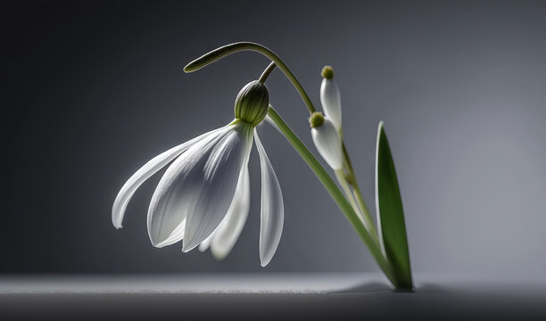  a white flower with a green stem in a dark room with a gray background and a light reflection on the floor and the back of the flower.  generative ai