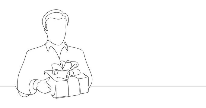 Animation of an image drawn with a continuous line. Man holding a gift box.