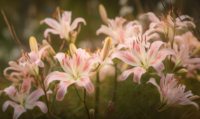 Fototapeta premium a bunch of pink flowers that are in a field of green grass with a blurry background of grass and flowers in the foreground. generative ai