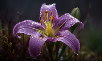  a purple flower with drops of water on it's petals and a green stem in the foreground, with a dark background of green grass.  generative ai