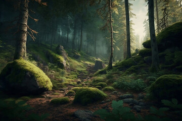 Obraz premium fabulous mystical mysterious forest. generated by AI