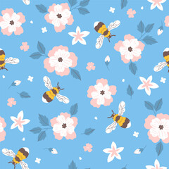 Seamless pattern with bees and pink and white flowers. Vector graphics.