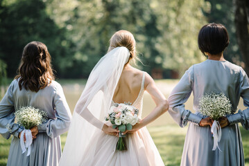 The bride and bridesmaids in an elegant dress is standing and holding hand bouquets of pastel pink...