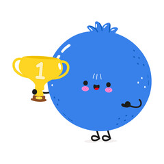 Cute funny Blueberry hold gold trophy cup. Vector hand drawn cartoon kawaii character illustration icon. Isolated on white background. Blueberry with winner trophy cup