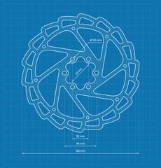 Vector blue blueprint of disc brake bicycle. Size 160 mm
