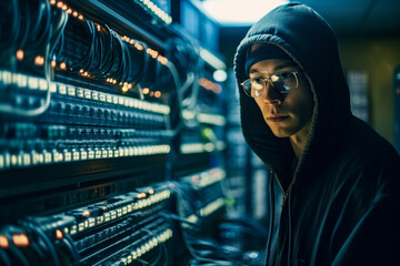 Hacker hacking SCADA system hooded Asian hacker standing in front of plant control board. Cyber Security And Penetration Test Concept.