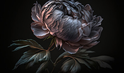  a large pink flower with green leaves on a black background with a black background and a black background with a black background and a white flower.  generative ai