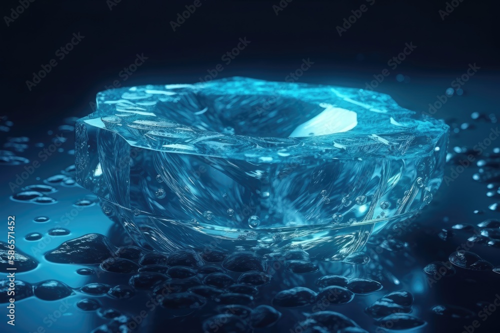 Aufkleber large clear ice cube on a wooden table with a blurred background. generative ai