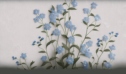  a group of blue flowers sitting on top of a white wall next to a vase with flowers in it and a clock on the side of the wall.  generative ai