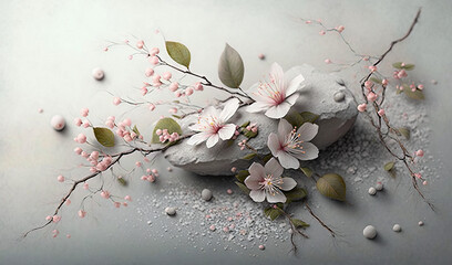  a rock with flowers and leaves on it on a gray surface with white pebbles and pebbles scattered on the ground and scattered on the ground.  generative ai