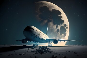 Airplane or aircraft space travel moon as transportation, aviation and life on outer space concept. Generative AI