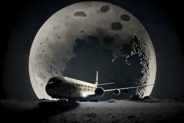 Airplane or aircraft space travel moon as transportation, aviation and life on outer space concept. Generative AI