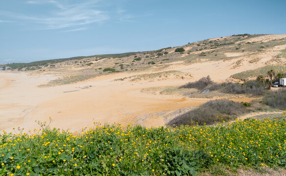aerial view of the tower of flumentorgiu a few steps from the beach of torre dei corsari in southern sardinia
