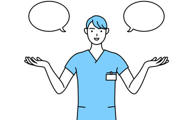 ふきだしつき、比較をする男性看護師、理学療法士、作業療法士、言語聴覚士、看護助手