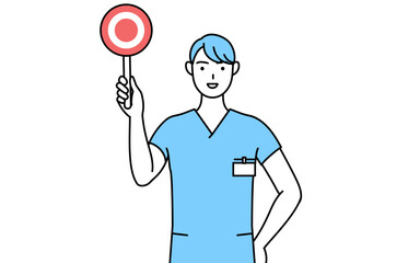 正解を示すマルの棒を持つ男性看護師、理学療法士、作業療法士、言語聴覚士、看護助手