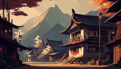 Fototapeta premium Beautiful Natural Landscape Digital Illustration Pattern Background for Design Travel Tourism Advertising Flyer, T Shirt Print, Bright Romantic vacation Poster etc