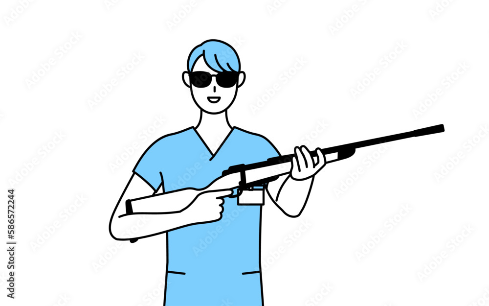 Fototapete サングラスをかけてライフル銃を持つ男性看護師、理学療法士、作業療法士、言語聴覚士、看護助手