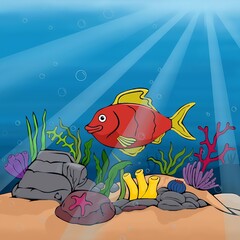 coral illustration - beautiful illustration with under the ocean with aquatic planets and a red fish