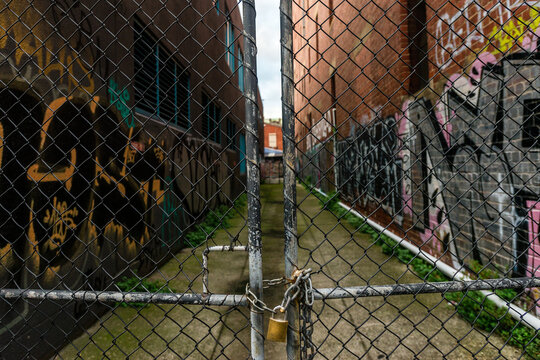 iconic grungy laneways of Melbourne city, with random graffiti