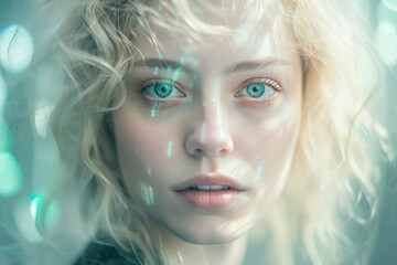 Futuristic portrait of a dreamy person with an overlay of tech elements, screen reflections, soft colors and soft light on blurry background (Generative AI)