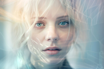 Futuristic portrait of a dreamy person with an overlay of tech elements, screen reflections, soft colors and soft light on blurry background (Generative AI)
