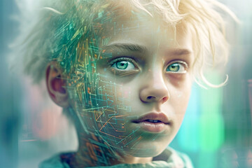 Futuristic portrait of a dreamy person with an overlay of tech elements, screen reflections, soft colors and soft light on blurry background (Generative AI)