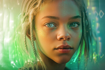 Futuristic portrait of a dreamy person with an overlay of tech elements, screen reflections, soft colors and soft light on blurry background (Generative AI)