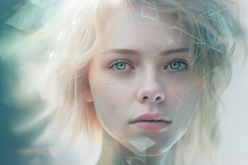 Futuristic portrait of a dreamy person with an overlay of tech elements, screen reflections, soft colors and soft light on blurry background (Generative AI)