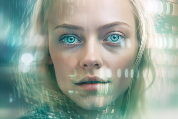 Futuristic portrait of a dreamy person with an overlay of tech elements, screen reflections, soft colors and soft light on blurry background (Generative AI)