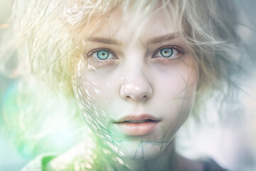 Futuristic portrait of a dreamy person with an overlay of tech elements, screen reflections, soft colors and soft light on blurry background (Generative AI)