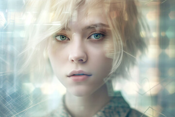 Futuristic portrait of a dreamy person with an overlay of tech elements, screen reflections, soft colors and soft light on blurry background (Generative AI)