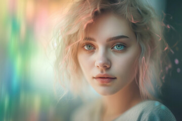 Futuristic portrait of a dreamy person with an overlay of tech elements, screen reflections, soft colors and soft light on blurry background (Generative AI)
