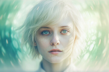 Futuristic portrait of a dreamy person with an overlay of tech elements, screen reflections, soft colors and soft light on blurry background (Generative AI)