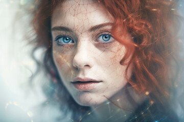 Futuristic portrait of a dreamy person with an overlay of tech elements, screen reflections, soft colors and soft light on blurry background (Generative AI)